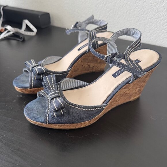 Tommy Hilfiger Denim Wedges Sandals Open Toe Ankle Strap Blue Size 9 High heels - Picture 1 of 6